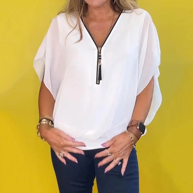 CasualChic Zip | Luźny top z szyfonu z zamkiem błyskawicznym dla kobiet