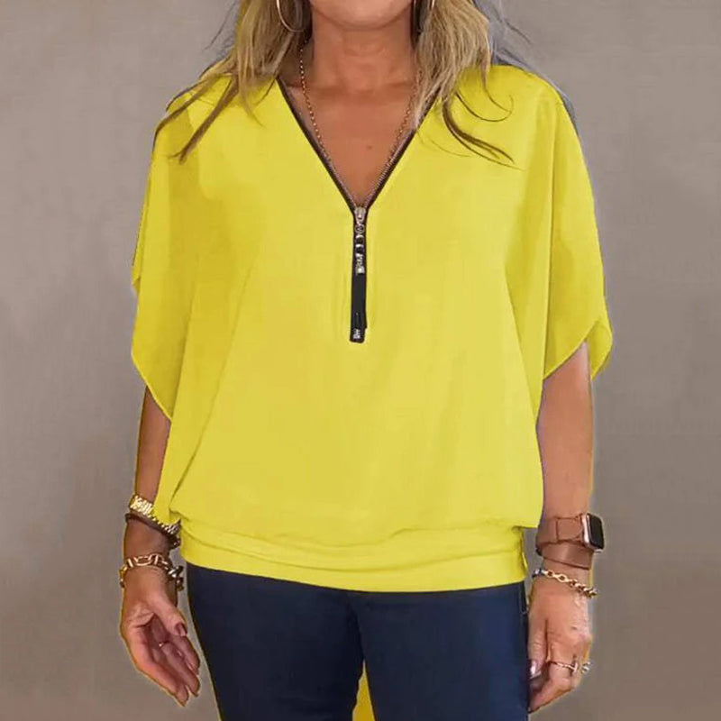 CasualChic Zip | Luźny top z szyfonu z zamkiem błyskawicznym dla kobiet