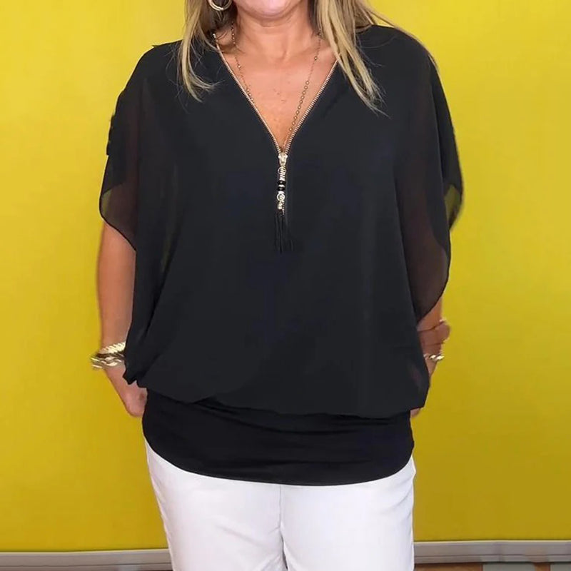 CasualChic Zip | Luźny top z szyfonu z zamkiem błyskawicznym dla kobiet